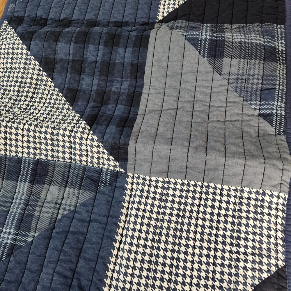 Set Two Blue Plaid Standard Pillow Shams 100% Cotton Quilted Patchwork Farmhouse